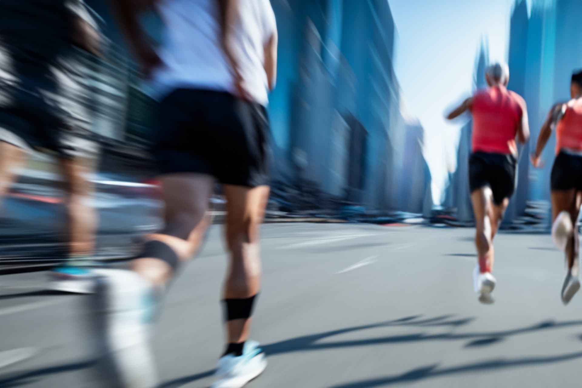 Group of runners in athletic wear jogging through a sunlit city street with motion blur, depicting active lifestyle and community health.