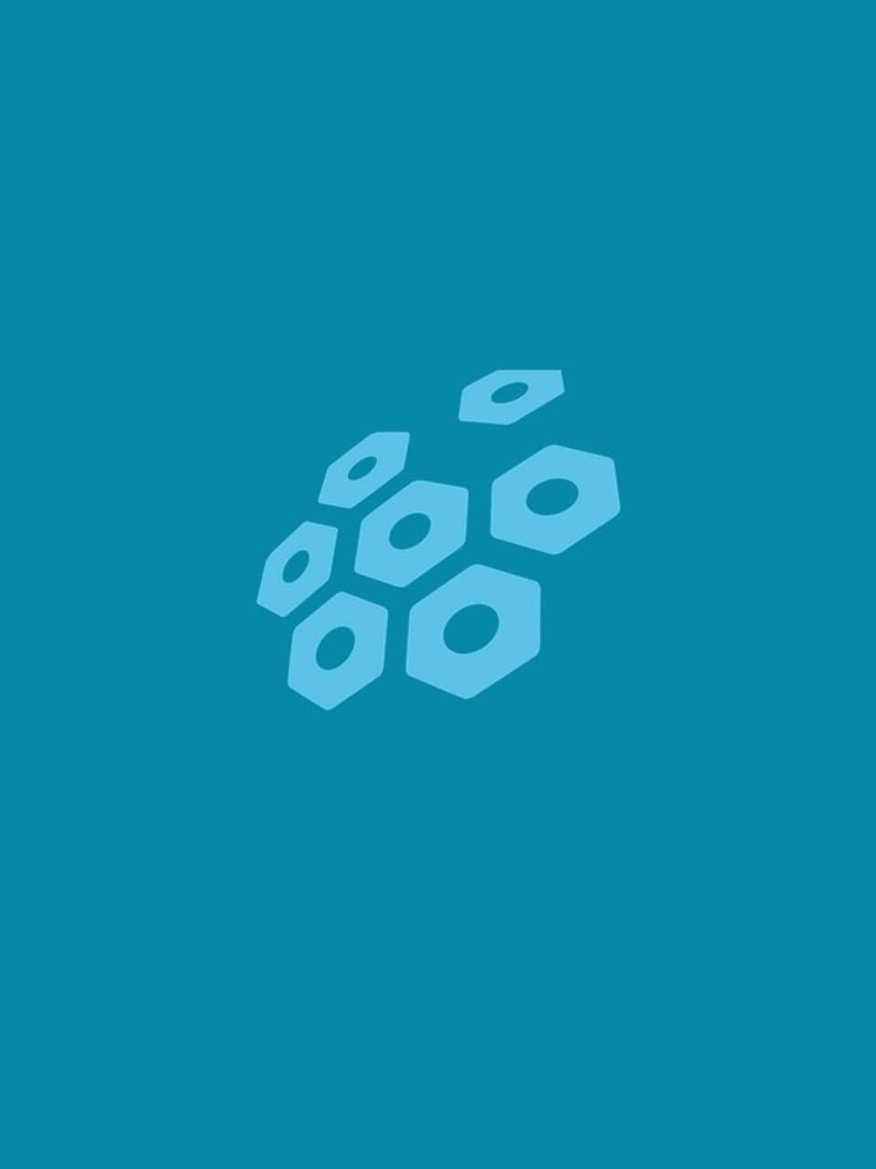 Cluster of light blue hexagonal cell-like shapes with dark centers arranged on a solid teal background, resembling stylized biological cells.
